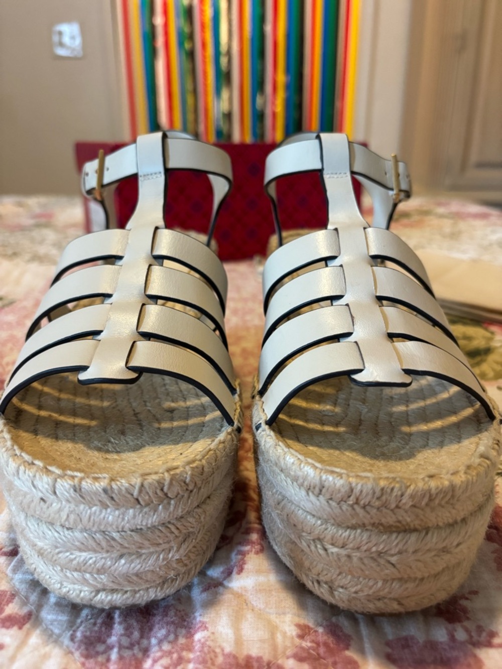 Tory Burch Ivory Vachetta Leather Strappy Espadrille Wedges Sandals - Picture 6 of 16